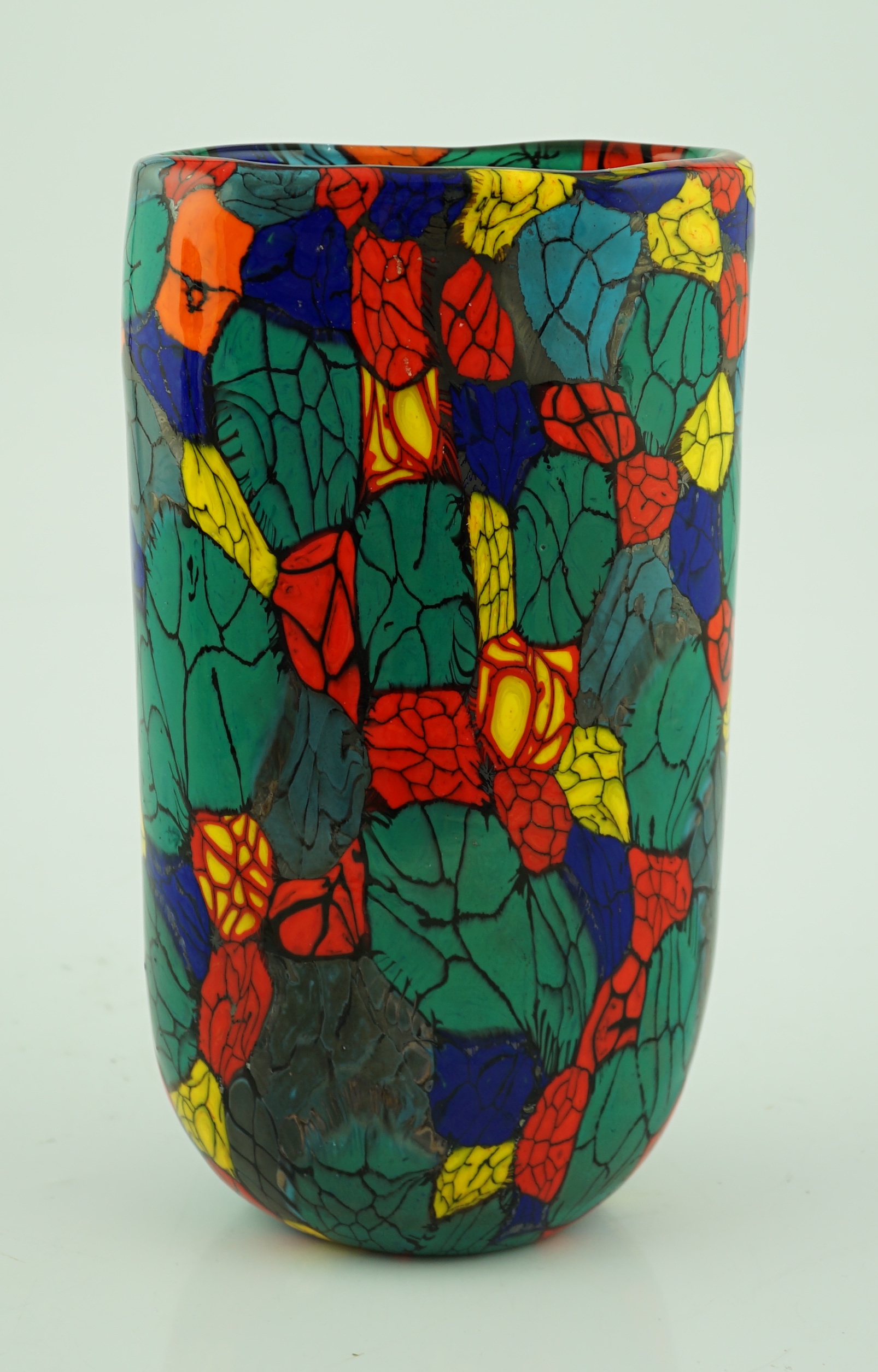 Vittorio Ferro (1932-2012) A Murano glass Murrine vase, cylindrical, with a multicoloured design, signed, 29cm, Please note this lot attracts an additional import tax of 20% on the hammer price